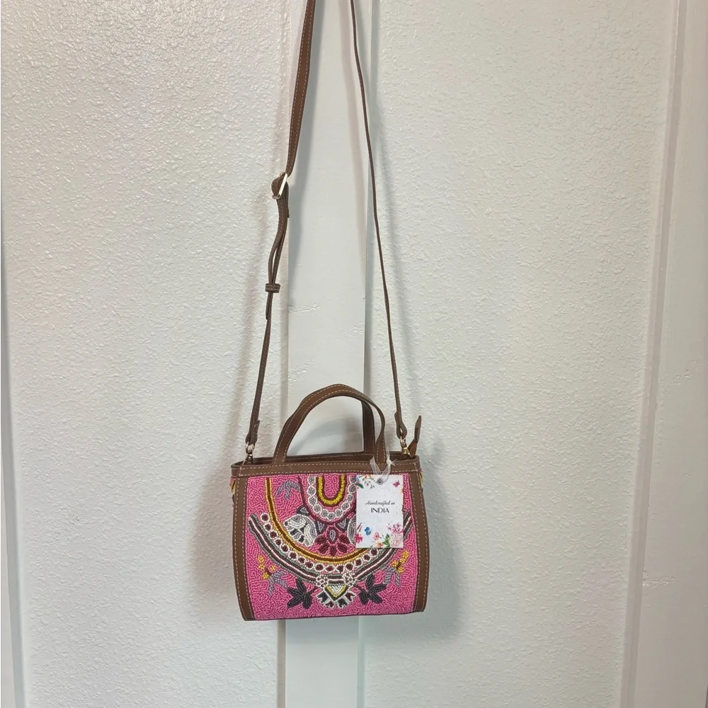 NWT Anthropologie Crossbody Bag Pink and Brown with Boho Embroidery - Picture 8 of 11